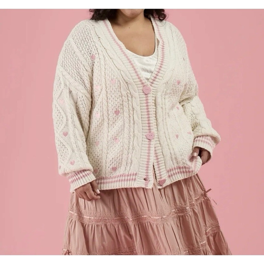 Lover Album Taylor Swift Cream Pink Hearts Chunky Knit Cardigan Sweater 3XL 4XL